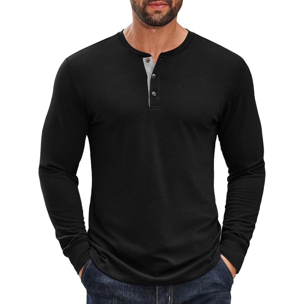 imageCOOFANDY Mens Long Sleeve Henley Shirts Cotton TShirts Casual Pullover Shirt Soft Stretch Basic Tees Fall TopsBlack 01  Grey Collar