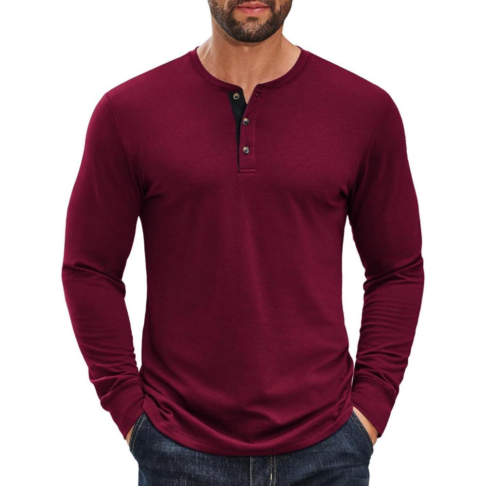 imageCOOFANDY Mens Long Sleeve Henley Shirts Cotton TShirts Casual Pullover Shirt Soft Stretch Basic Tees Fall TopsDark Red