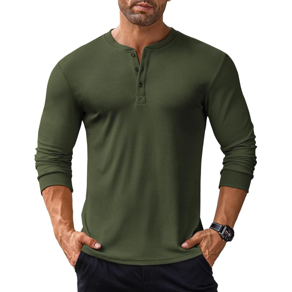 imageCOOFANDY Mens Long Sleeve Henley Shirts Stretch Ribbed TShirts Fashion Casual Basic TopsArmy Green
