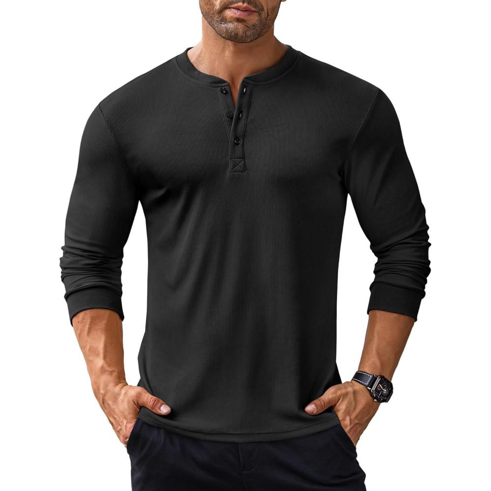 imageCOOFANDY Mens Long Sleeve Henley Shirts Stretch Ribbed TShirts Fashion Casual Basic TopsBlack