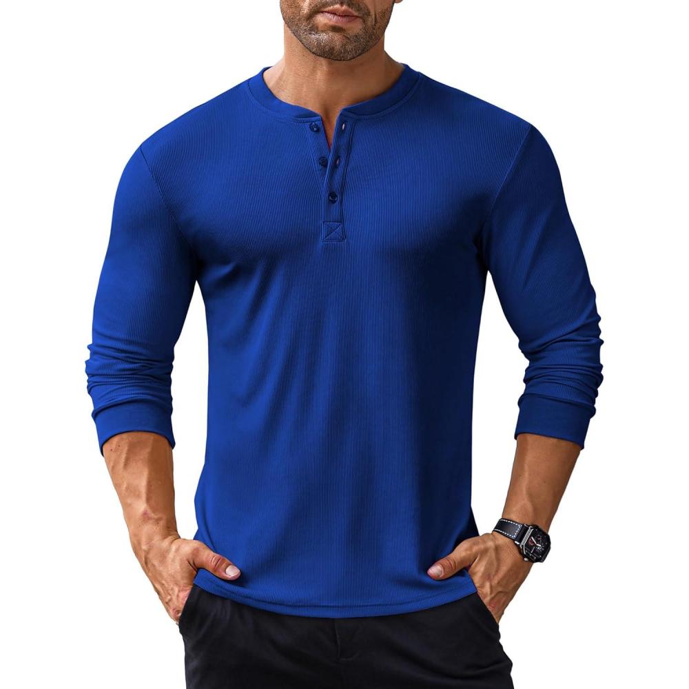 imageCOOFANDY Mens Long Sleeve Henley Shirts Stretch Ribbed TShirts Fashion Casual Basic TopsBlue