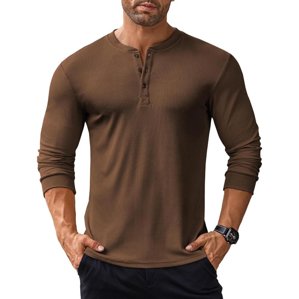 imageCOOFANDY Mens Long Sleeve Henley Shirts Stretch Ribbed TShirts Fashion Casual Basic TopsBrown