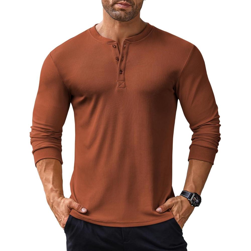 imageCOOFANDY Mens Long Sleeve Henley Shirts Stretch Ribbed TShirts Fashion Casual Basic TopsCaramel