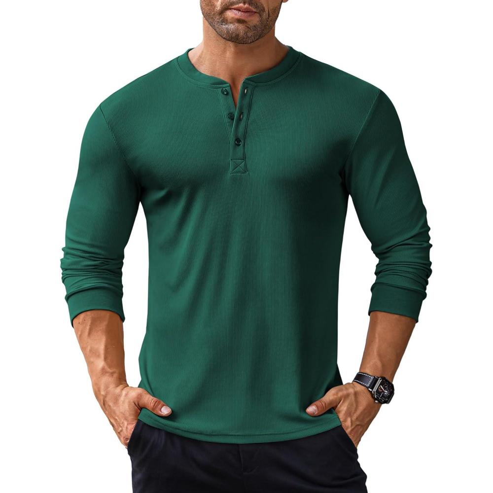 imageCOOFANDY Mens Long Sleeve Henley Shirts Stretch Ribbed TShirts Fashion Casual Basic TopsDark Green