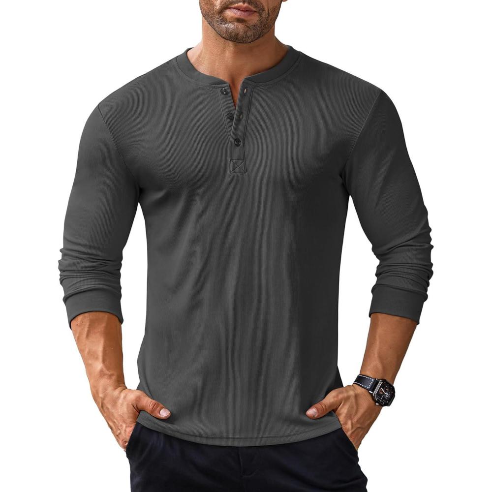 imageCOOFANDY Mens Long Sleeve Henley Shirts Stretch Ribbed TShirts Fashion Casual Basic TopsDark Grey