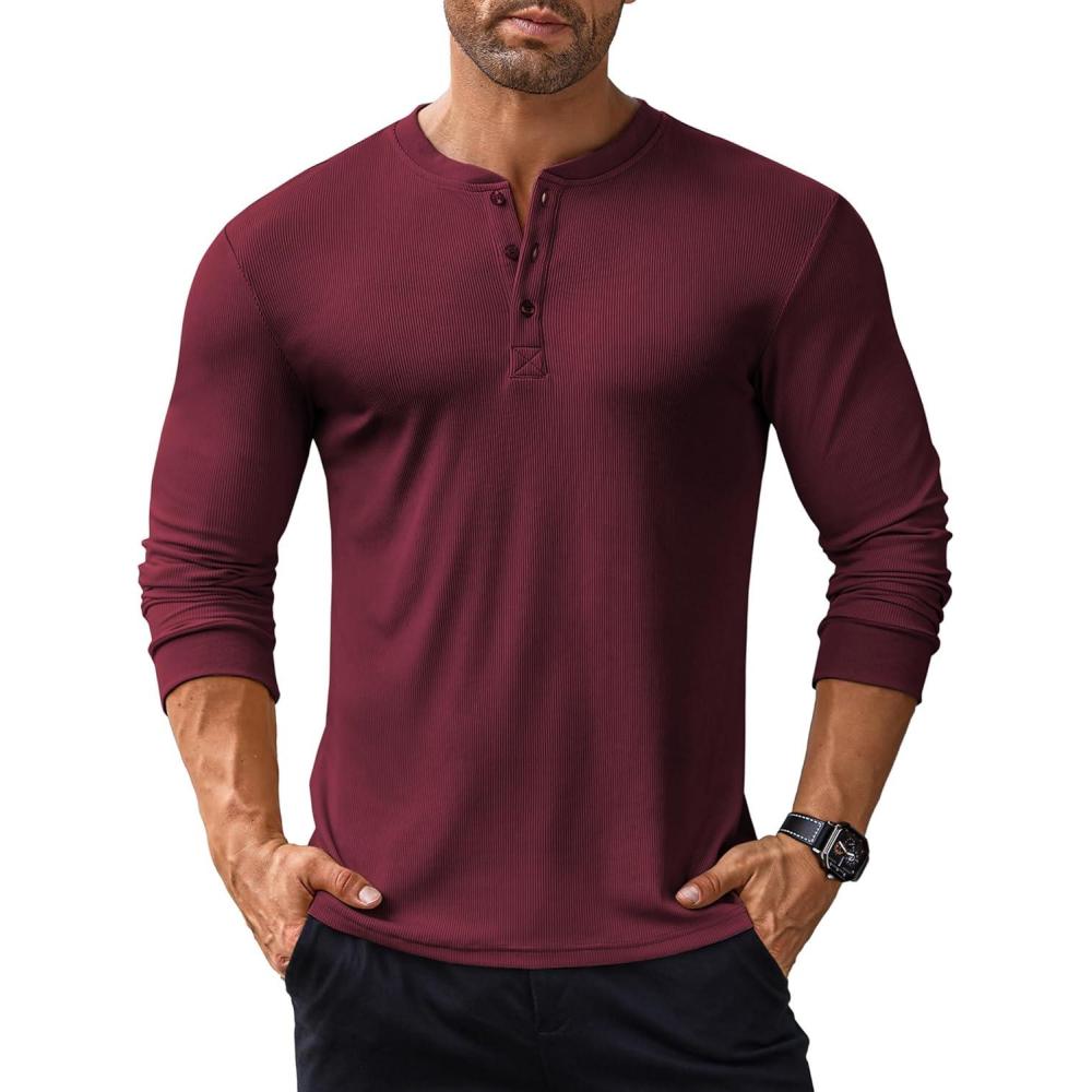 imageCOOFANDY Mens Long Sleeve Henley Shirts Stretch Ribbed TShirts Fashion Casual Basic TopsDark Red