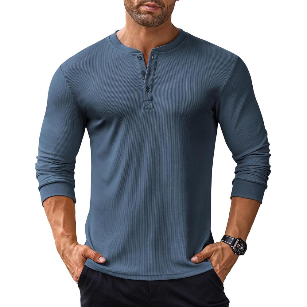 imageCOOFANDY Mens Long Sleeve Henley Shirts Stretch Ribbed TShirts Fashion Casual Basic TopsGrey Blue