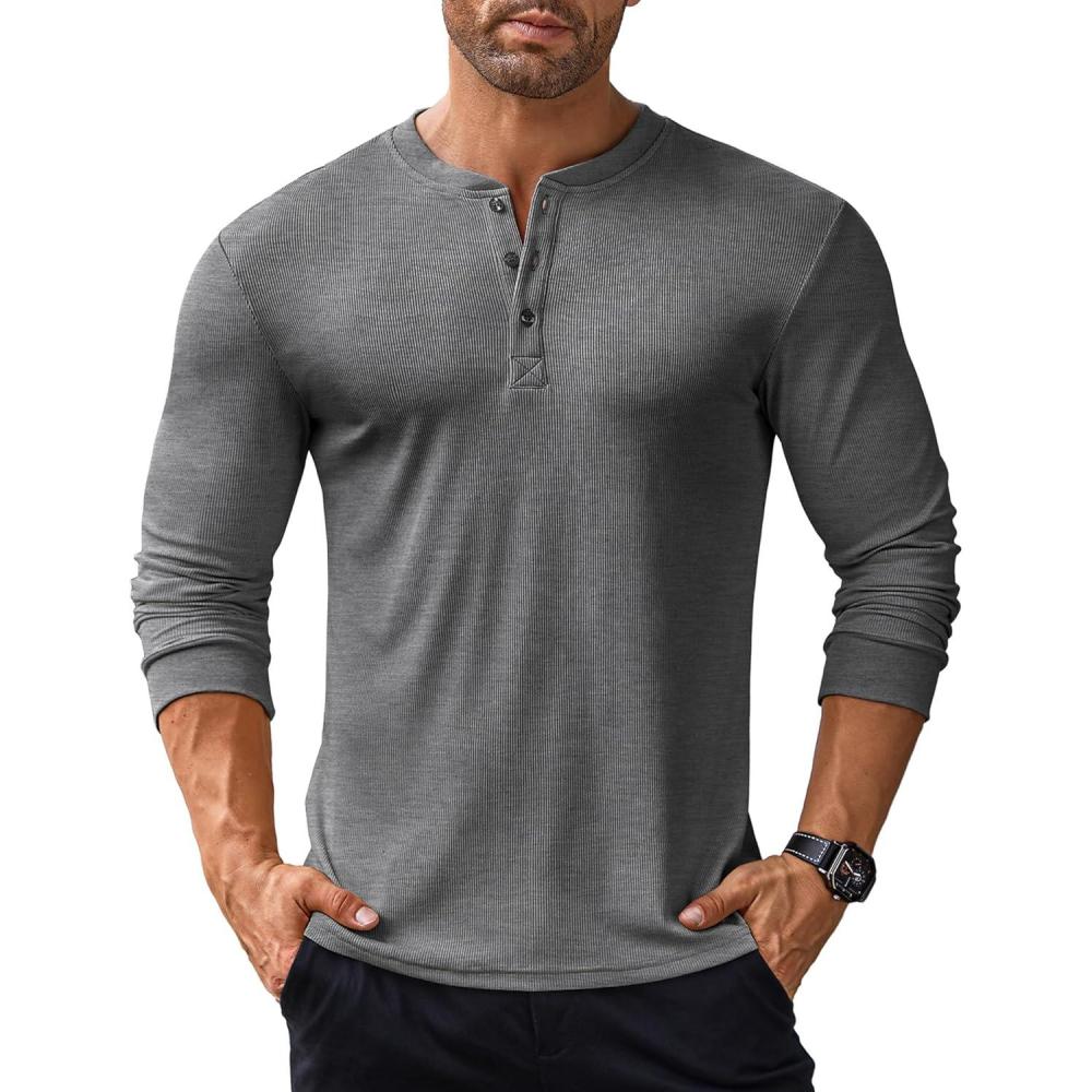 imageCOOFANDY Mens Long Sleeve Henley Shirts Stretch Ribbed TShirts Fashion Casual Basic TopsHeather Grey