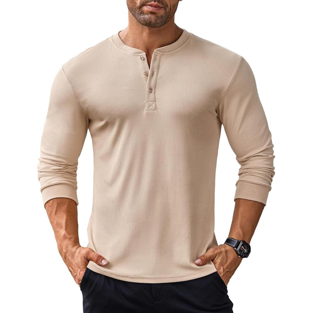 imageCOOFANDY Mens Long Sleeve Henley Shirts Stretch Ribbed TShirts Fashion Casual Basic TopsKhaki
