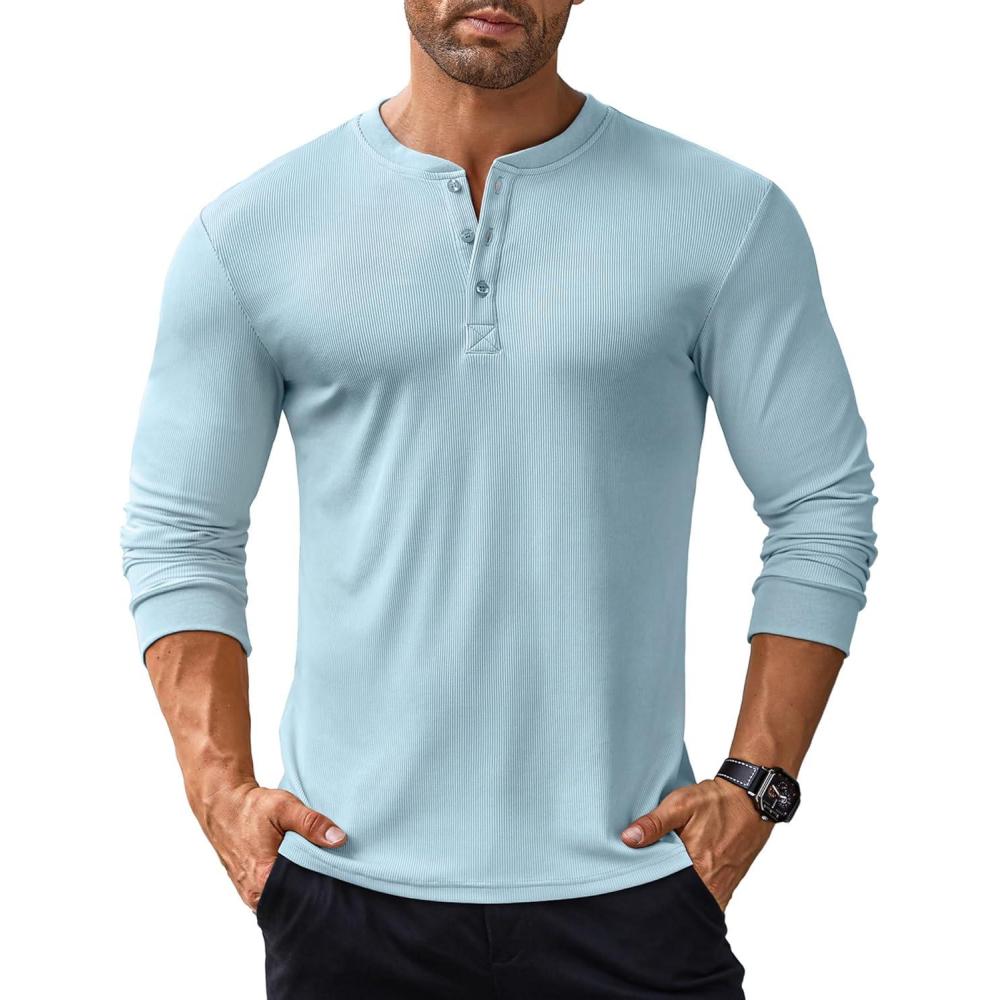 imageCOOFANDY Mens Long Sleeve Henley Shirts Stretch Ribbed TShirts Fashion Casual Basic TopsLight Blue