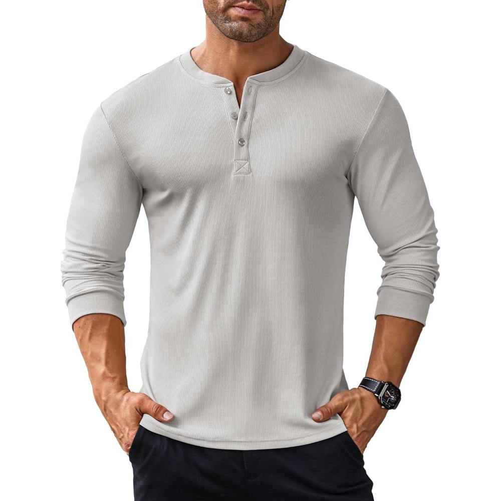 imageCOOFANDY Mens Long Sleeve Henley Shirts Stretch Ribbed TShirts Fashion Casual Basic TopsLight Grey