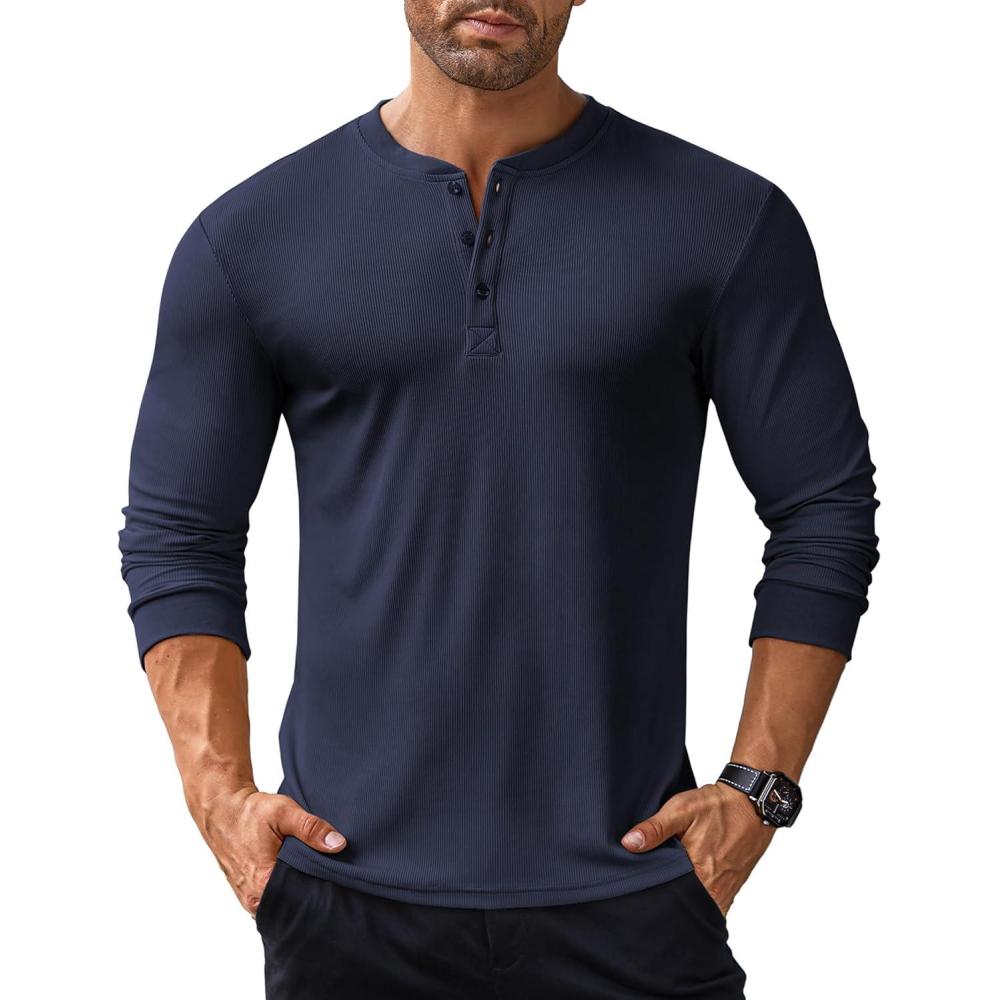 imageCOOFANDY Mens Long Sleeve Henley Shirts Stretch Ribbed TShirts Fashion Casual Basic TopsNavy Blue