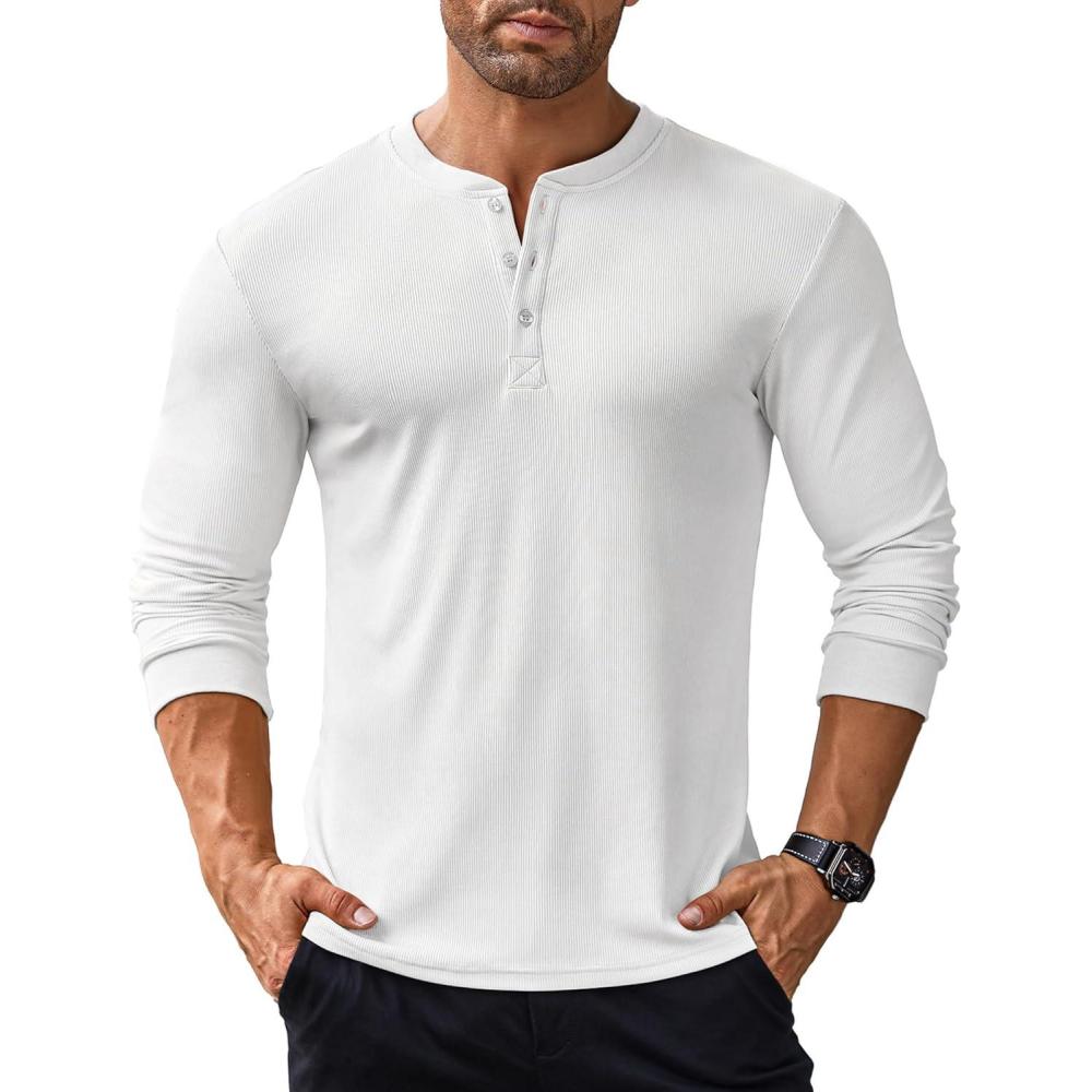 imageCOOFANDY Mens Long Sleeve Henley Shirts Stretch Ribbed TShirts Fashion Casual Basic TopsWhite