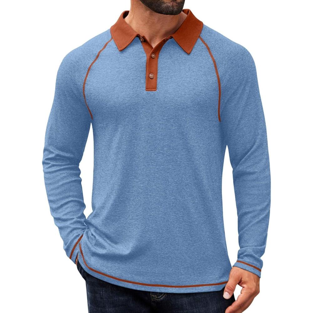 imageCOOFANDY Mens Long Sleeve Polo Shirts Casual Button Collared Shirts Raglan Golf T ShirtBlue
