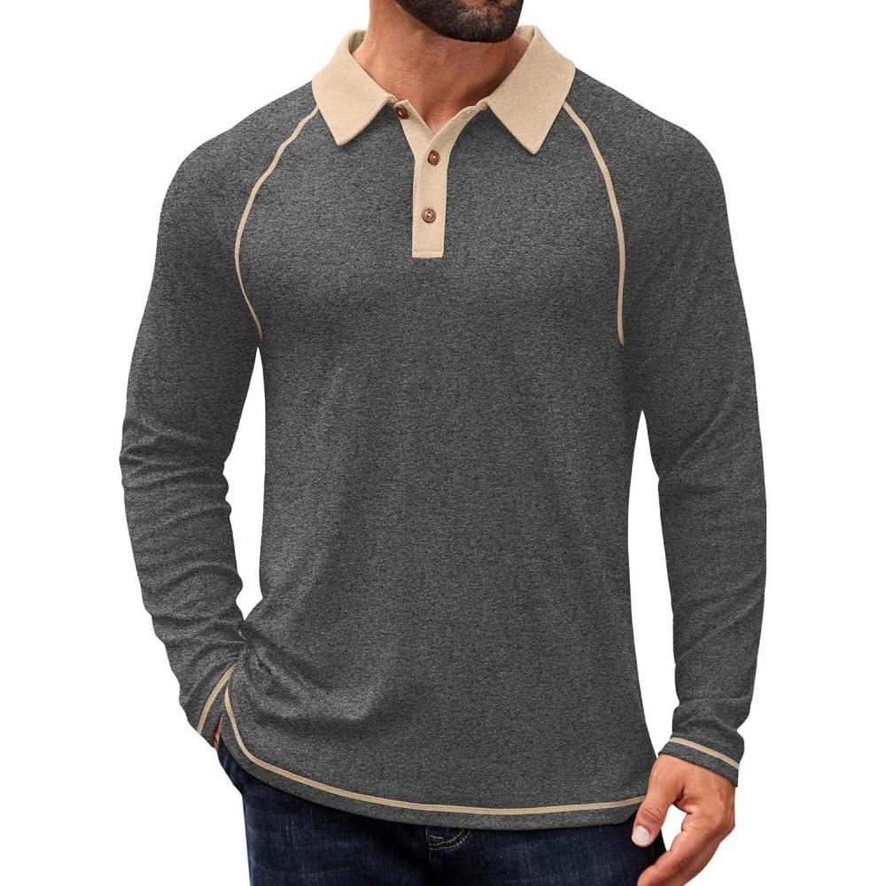 imageCOOFANDY Mens Long Sleeve Polo Shirts Casual Button Collared Shirts Raglan Golf T ShirtDark Grey
