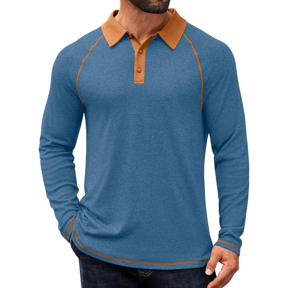 imageCOOFANDY Mens Long Sleeve Polo Shirts Casual Button Collared Shirts Raglan Golf T ShirtDenim Blue