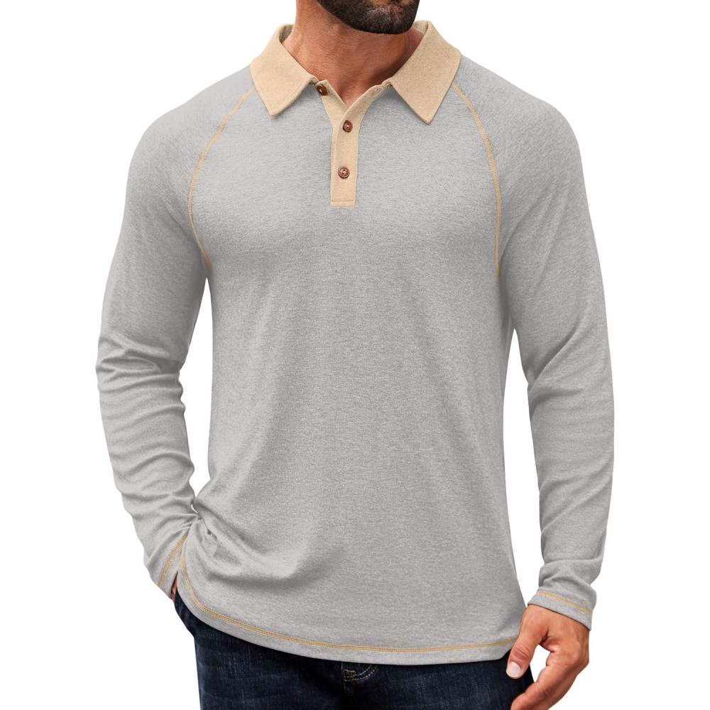 imageCOOFANDY Mens Long Sleeve Polo Shirts Casual Button Collared Shirts Raglan Golf T ShirtLight Grey