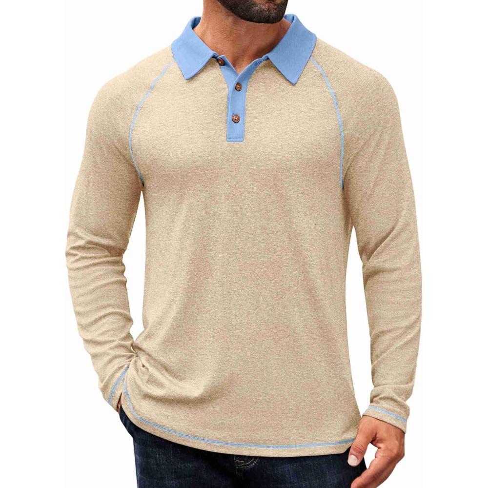 imageCOOFANDY Mens Long Sleeve Polo Shirts Casual Button Collared Shirts Raglan Golf T ShirtLight Khaki