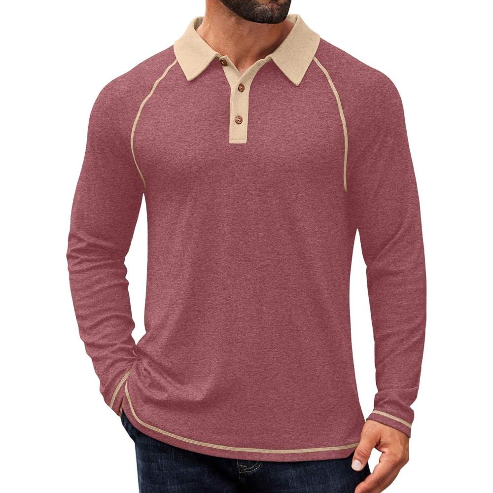 imageCOOFANDY Mens Long Sleeve Polo Shirts Casual Button Collared Shirts Raglan Golf T ShirtRed
