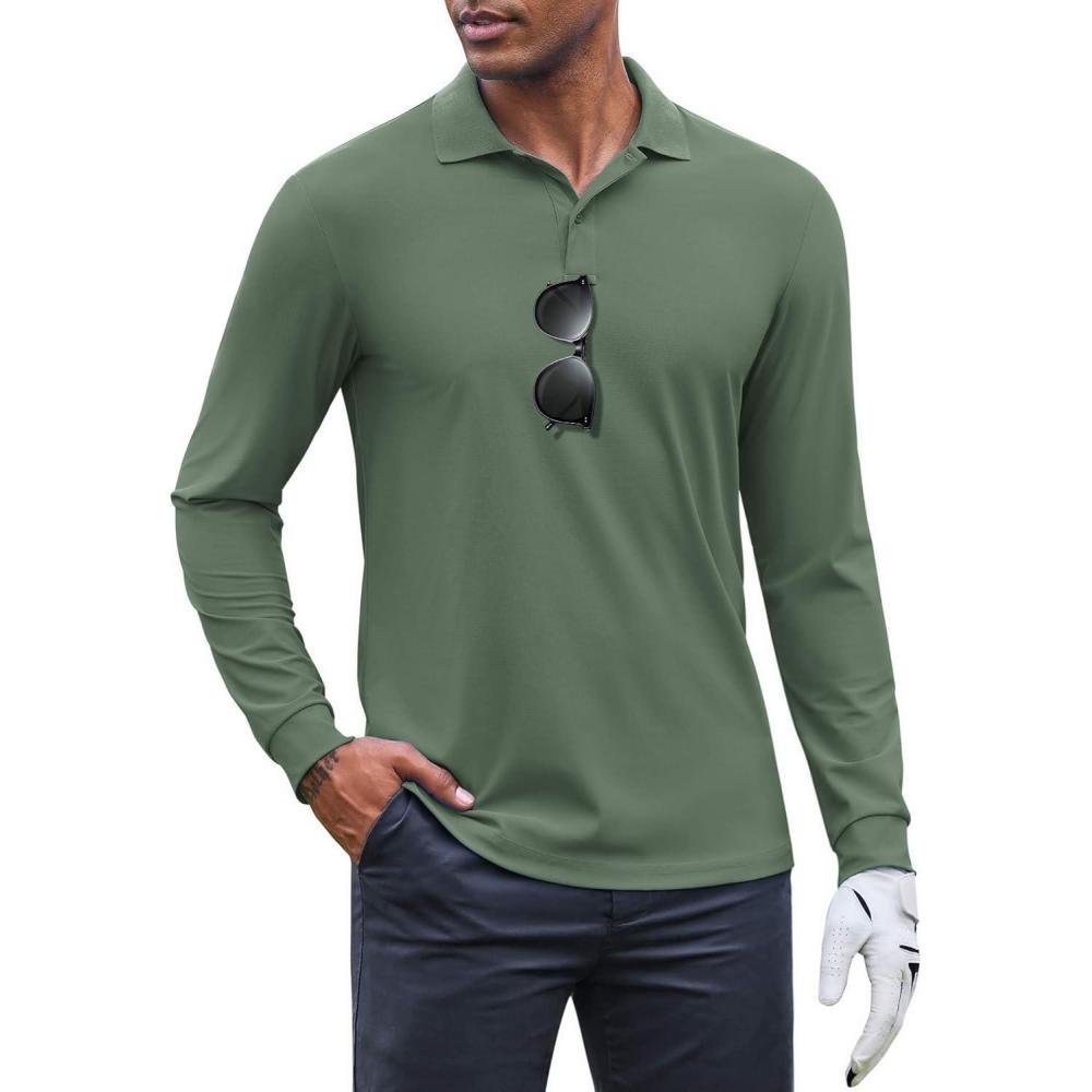 imageCOOFANDY Mens Long Sleeve Polo Shirts Moisture Wicking Golf Shirts Lightweight Athletic Collared ShirtArmy Green