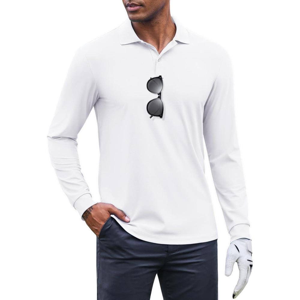 imageCOOFANDY Mens Long Sleeve Polo Shirts Moisture Wicking Golf Shirts Lightweight Athletic Collared ShirtWhite