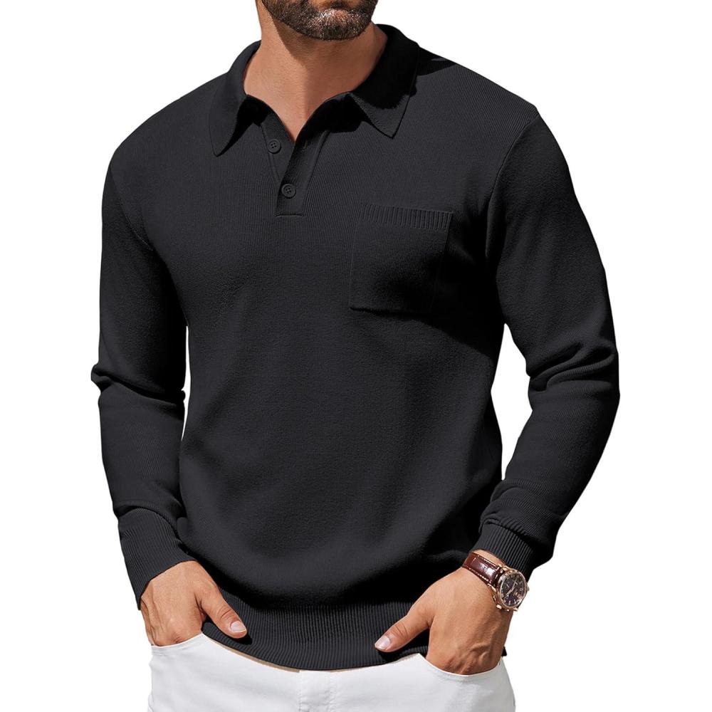imageCOOFANDY Mens Long Sleeve Polo Sweater Knit Polo Casual Thermal Pullover Sweater with PocketBlack