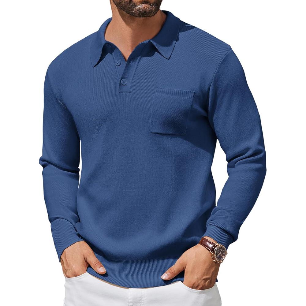 imageCOOFANDY Mens Long Sleeve Polo Sweater Knit Polo Casual Thermal Pullover Sweater with PocketDark Blue