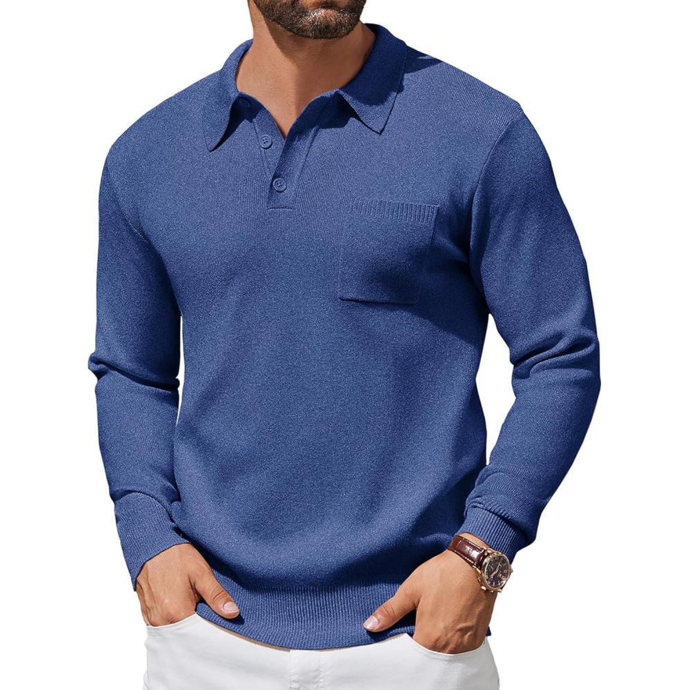 imageCOOFANDY Mens Long Sleeve Polo Sweater Knit Polo Casual Thermal Pullover Sweater with PocketNavy Blue