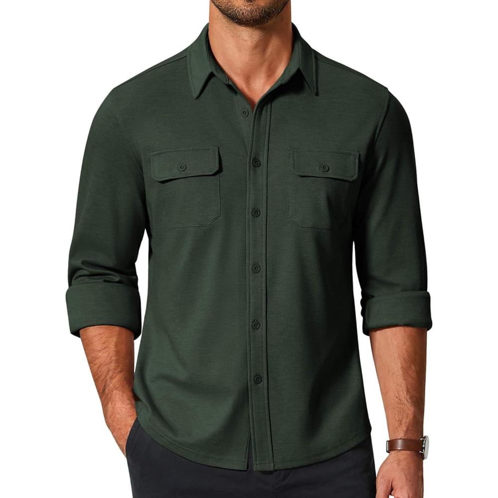 imageCOOFANDY Mens Long Sleeve Shirts Casual Button Down Shirt Wrinkle Free Dress Shirt with PocketDark Green