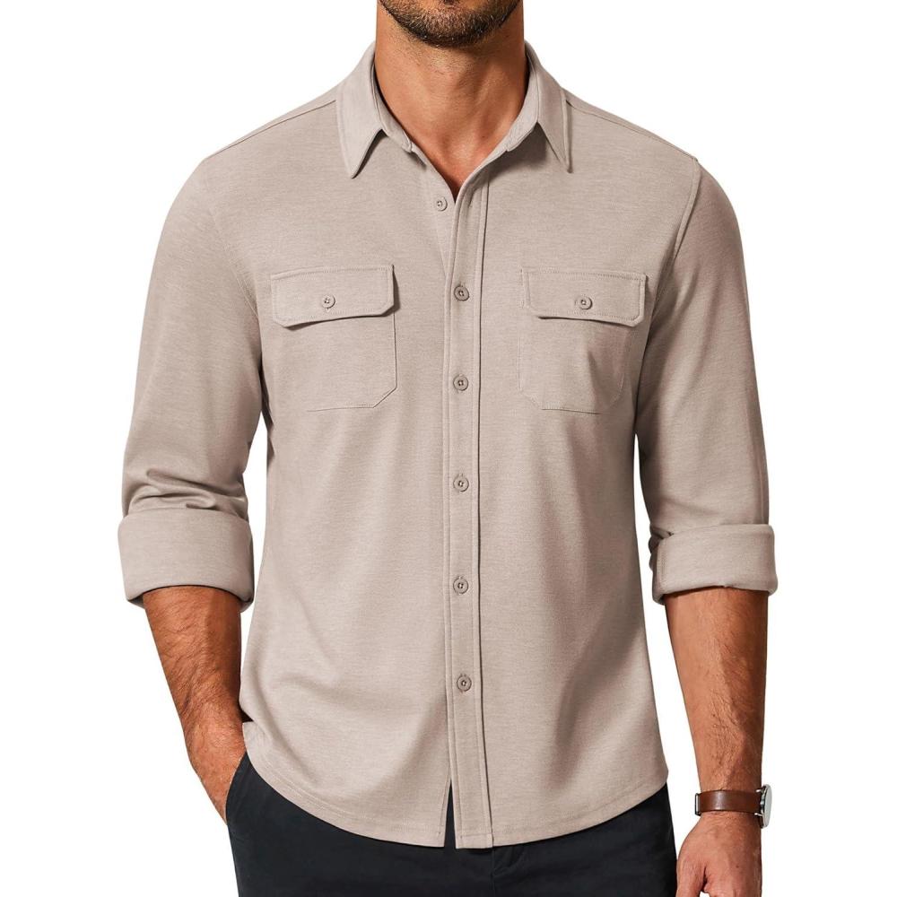 imageCOOFANDY Mens Long Sleeve Shirts Casual Button Down Shirt Wrinkle Free Dress Shirt with PocketKhaki