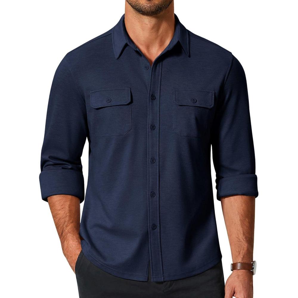 imageCOOFANDY Mens Long Sleeve Shirts Casual Button Down Shirt Wrinkle Free Dress Shirt with PocketNavy Blue