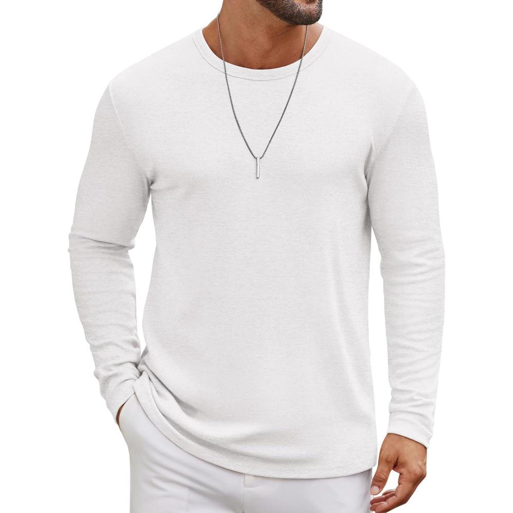 imageCOOFANDY Mens Long Sleeve Tee Shirts Crew Neck T Shirt Solid Casual Basic Tees Soft Stretch TShirtsAll White