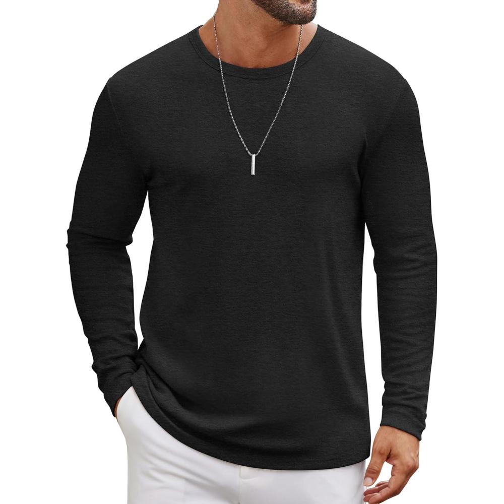 imageCOOFANDY Mens Long Sleeve Tee Shirts Crew Neck T Shirt Solid Casual Basic Tees Soft Stretch TShirtsBlack
