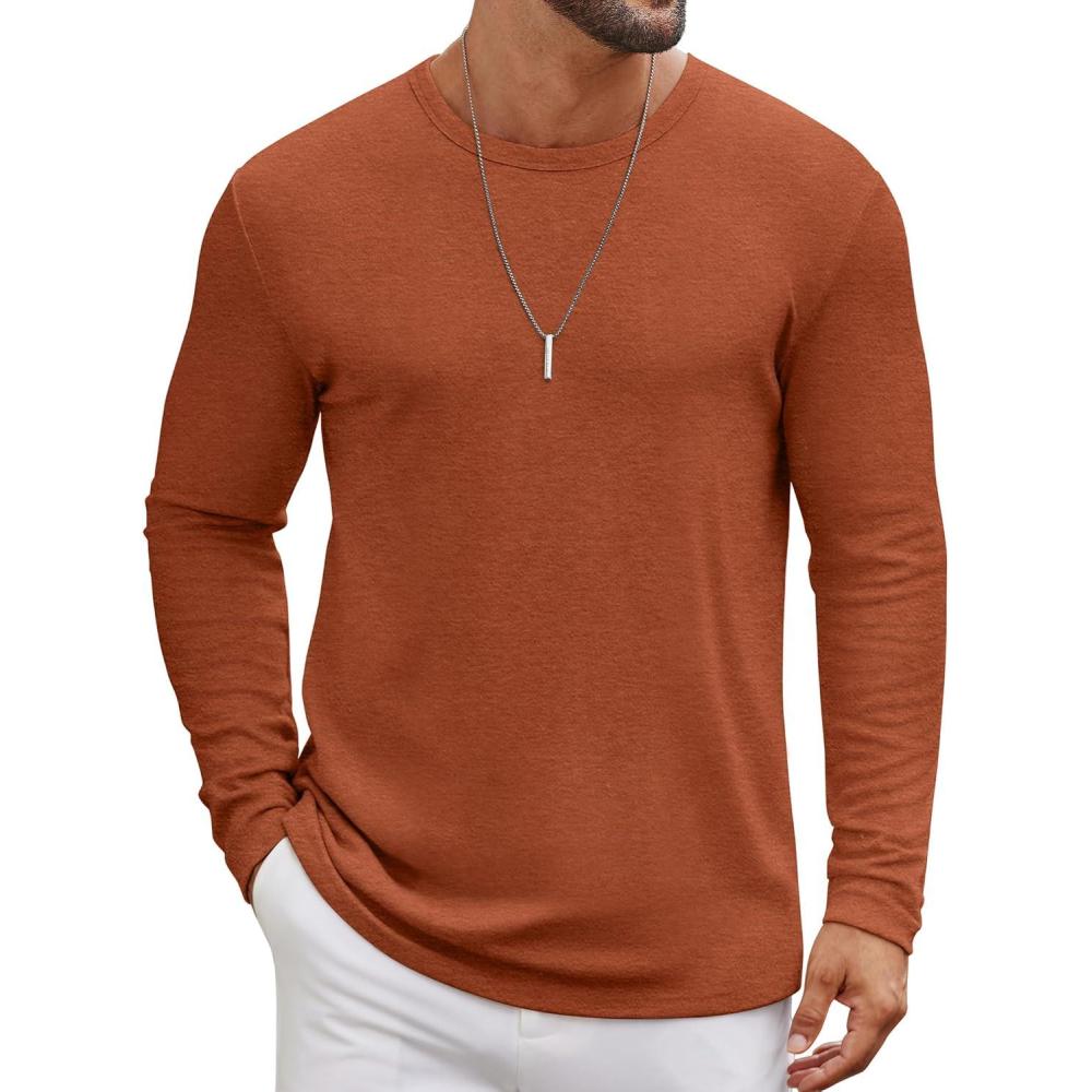 imageCOOFANDY Mens Long Sleeve Tee Shirts Crew Neck T Shirt Solid Casual Basic Tees Soft Stretch TShirtsCaramel