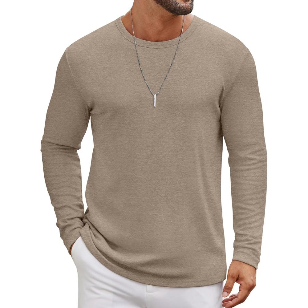 imageCOOFANDY Mens Long Sleeve Tee Shirts Crew Neck T Shirt Solid Casual Basic Tees Soft Stretch TShirtsKhaki