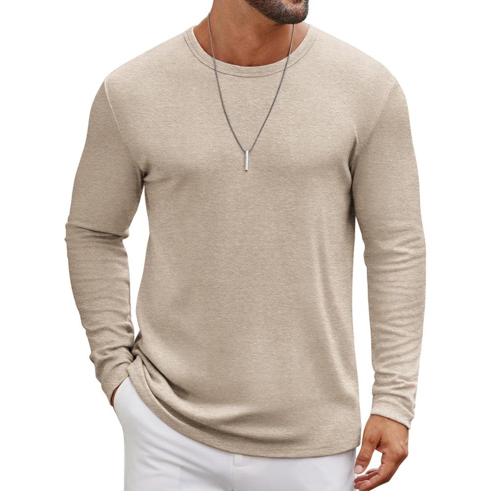 imageCOOFANDY Mens Long Sleeve Tee Shirts Crew Neck T Shirt Solid Casual Basic Tees Soft Stretch TShirtsLight Khaki