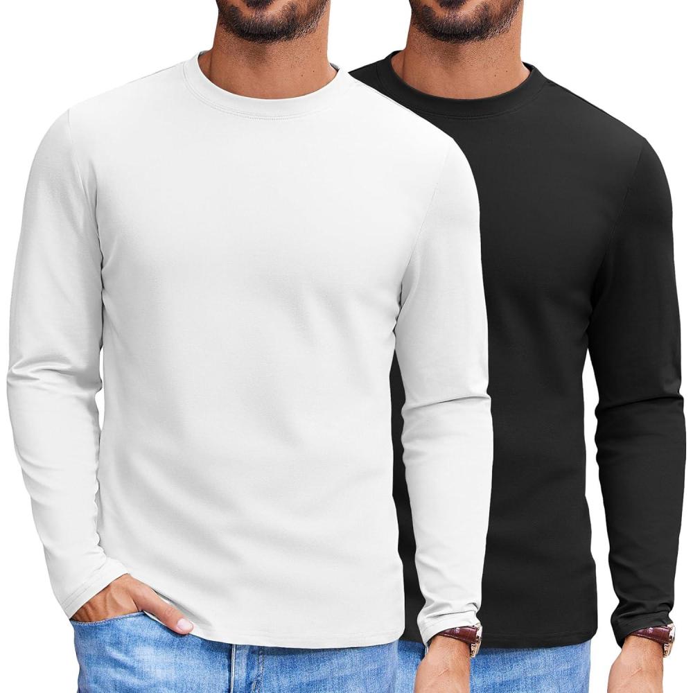 imageCOOFANDY Mens Long Sleeve Tee Shirts Stretch Crew Neck Thermal Shirts Casual T Shirts for Men2 Pack Blackwhite