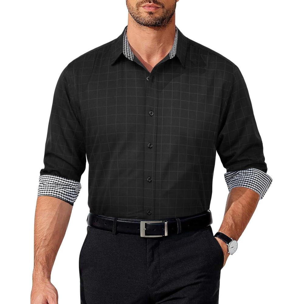 imageCOOFANDY Mens Long Sleeve Wrinkle Free Dress Shirts Inner Contrast Business Casual Button Down Shirt02black  Windowpane