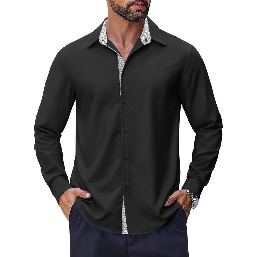 imageCOOFANDY Mens Long Sleeve Wrinkle Free Dress Shirts Inner Contrast Business Casual Button Down ShirtBlackGold