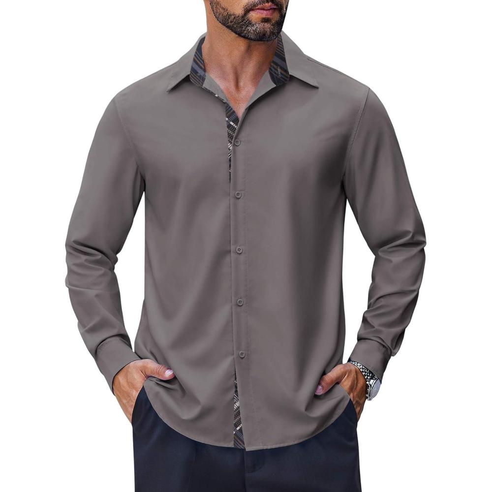 imageCOOFANDY Mens Long Sleeve Wrinkle Free Dress Shirts Inner Contrast Business Casual Button Down ShirtDark Grey