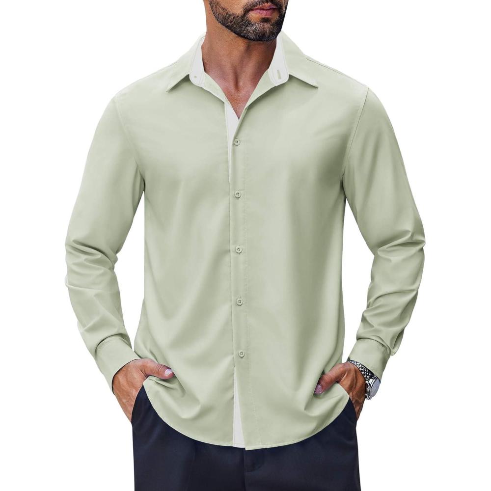 imageCOOFANDY Mens Long Sleeve Wrinkle Free Dress Shirts Inner Contrast Business Casual Button Down ShirtLight Green