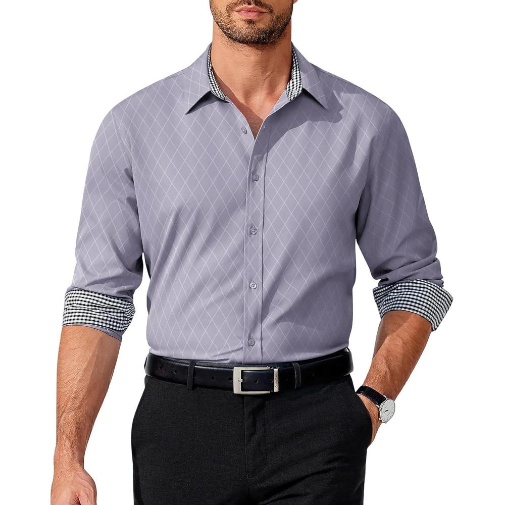 imageCOOFANDY Mens Long Sleeve Wrinkle Free Dress Shirts Inner Contrast Business Casual Button Down ShirtLight Grey