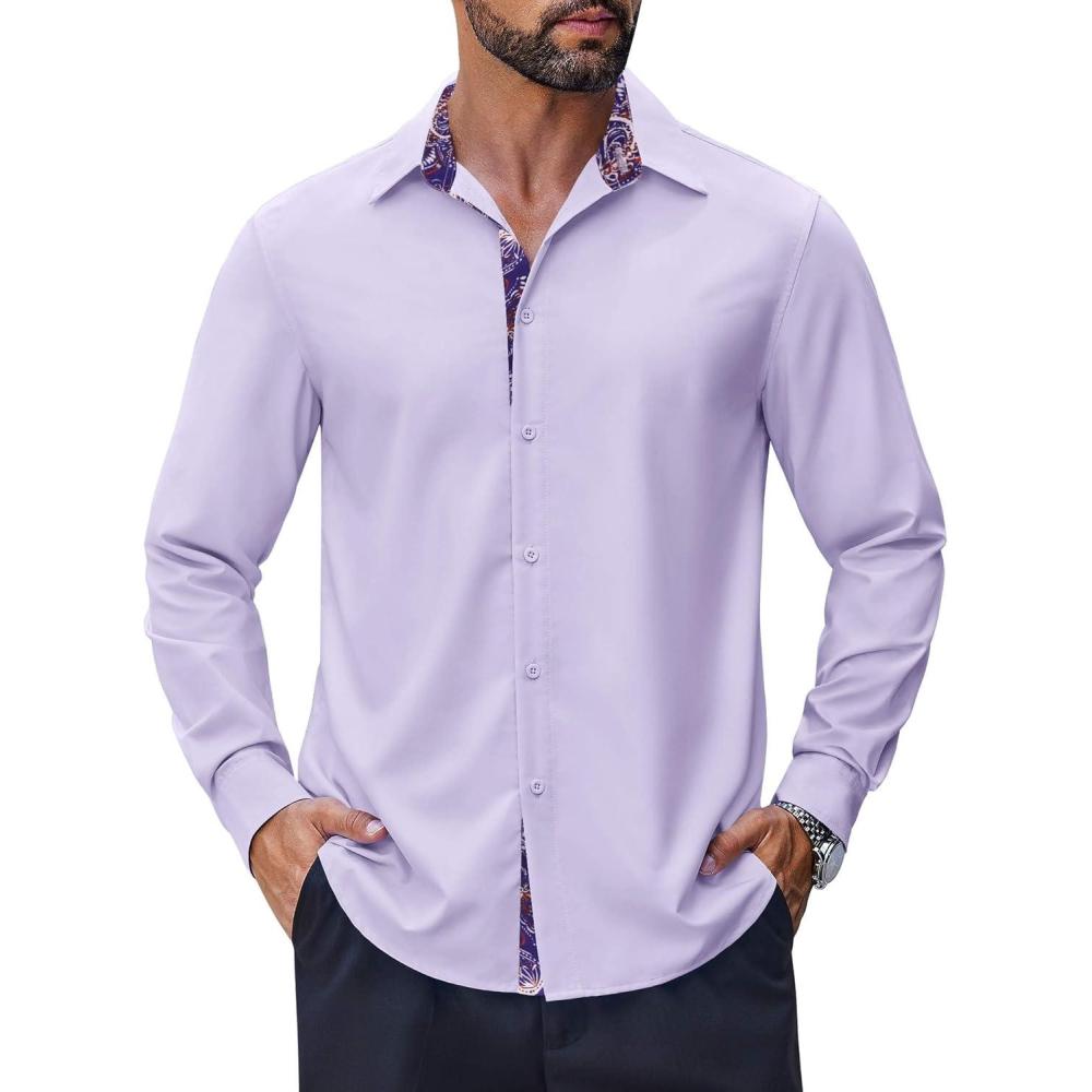 imageCOOFANDY Mens Long Sleeve Wrinkle Free Dress Shirts Inner Contrast Business Casual Button Down ShirtLilac
