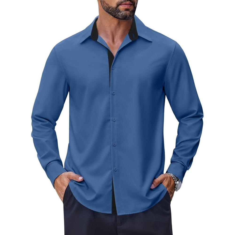 imageCOOFANDY Mens Long Sleeve Wrinkle Free Dress Shirts Inner Contrast Business Casual Button Down ShirtNavy