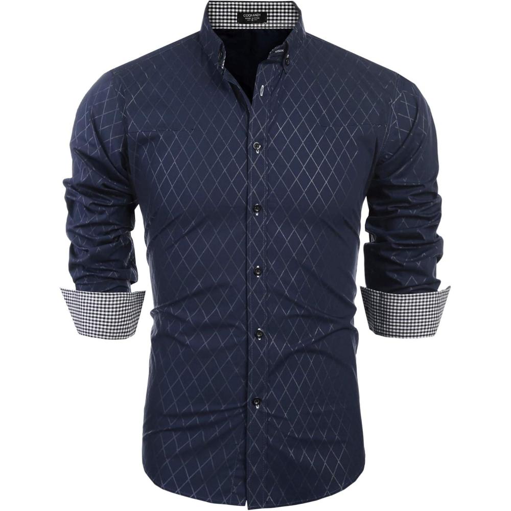imageCOOFANDY Mens Long Sleeve Wrinkle Free Dress Shirts Inner Contrast Business Casual Button Down ShirtNavy Blue