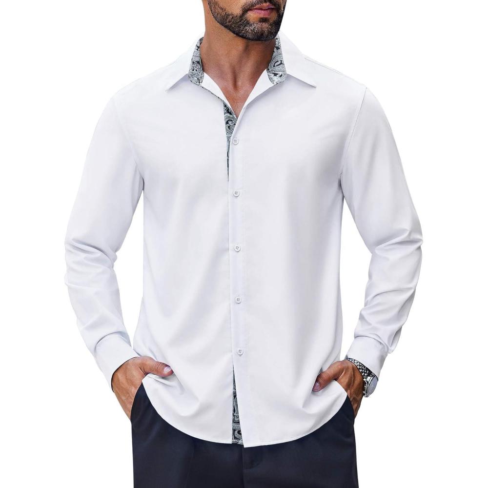 imageCOOFANDY Mens Long Sleeve Wrinkle Free Dress Shirts Inner Contrast Business Casual Button Down ShirtWhite