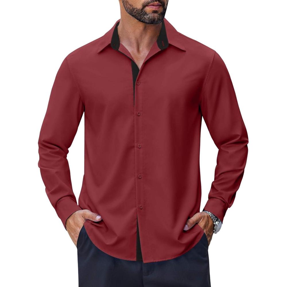 imageCOOFANDY Mens Long Sleeve Wrinkle Free Dress Shirts Inner Contrast Business Casual Button Down ShirtWine Red