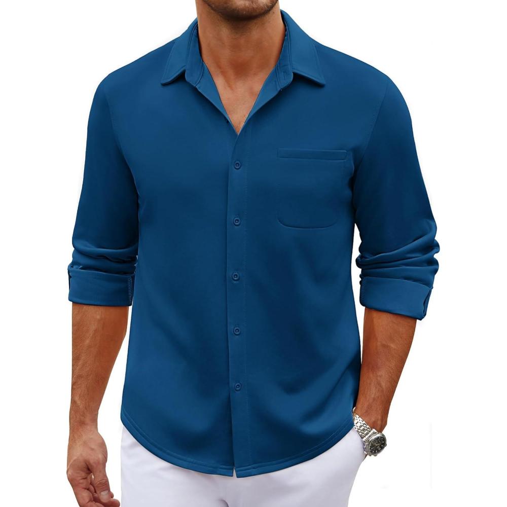 imageCOOFANDY Mens Long Sleeve Wrinkle Free Shirt Casual Button Down Shirts Stretch Dress Shirt with PocketDark Blue