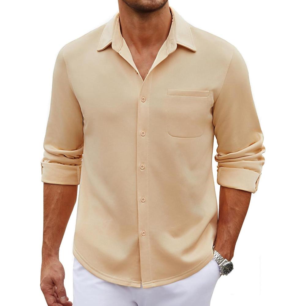 imageCOOFANDY Mens Long Sleeve Wrinkle Free Shirt Casual Button Down Shirts Stretch Dress Shirt with PocketKhaki