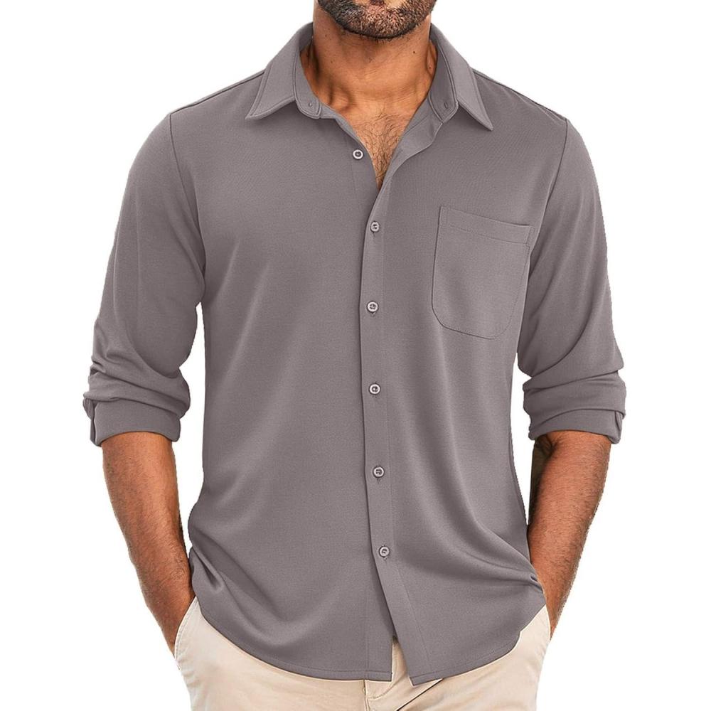 imageCOOFANDY Mens Long Sleeve Wrinkle Free Shirt Casual Button Down Shirts Stretch Dress Shirt with PocketLight Grey
